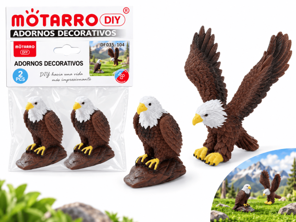 Set de 2 figuritas decorativas de águilas, presentado junto a su empaque para mini jardines, maquetas y dioramas
