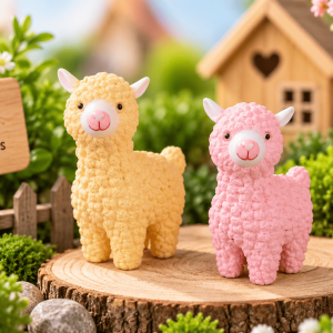 Set de 2 figuritas decorativas de alpacas en tonos amarillo claro y rosado, de aproximadamente 3,5 x 4,3 cm