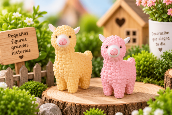 Figuritas Decorativas de Alpacas – 2 Piezas Set de 2 figuritas decorativas de alpacas en tonos amarillo claro y rosado, de aproximadamente 3,5 x 4,3 cm