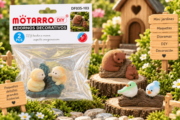 Set de 2 figuritas decorativas de animales en diseños surtidos, presentado junto a su empaque para mini jardines, maquetas y dioramas