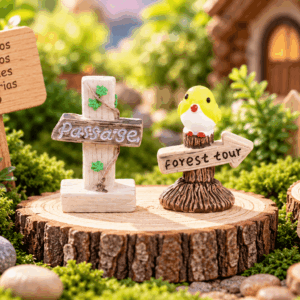 Figuritas Decorativas de Bosque con Pajarito – 2 Piezas Set de 2 figuritas decorativas con señalética de bosque y pajarito, ideales para mini jardines, maquetas y escenarios creativos