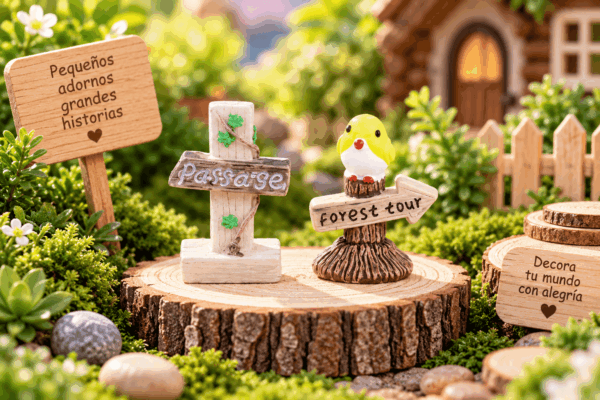 Set de 2 figuritas decorativas con señalética de bosque y pajarito, ideales para mini jardines, maquetas y escenarios creativos