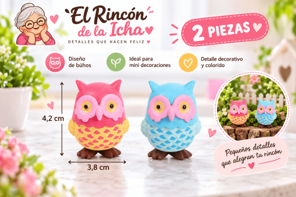 Figuritas Decorativas de Búhos – 2 Piezas Set de 2 figuritas decorativas de búhos coloridos de 3,8 x 4,2 cm para mini decoraciones y proyectos creativos