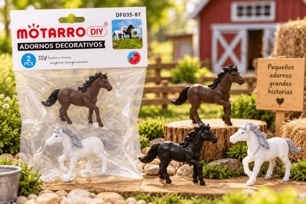 Set de 2 figuritas decorativas de caballos en colores surtidos, presentado junto a su empaque y ejemplos de variantes