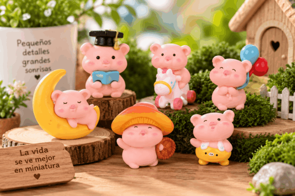 Figuritas Decorativas de Cerditos – 3 Piezas – Diseños Surtidos Set de 3 figuritas decorativas de cerditos en diseños surtidos para mini decoraciones, maquetas y proyectos creativos