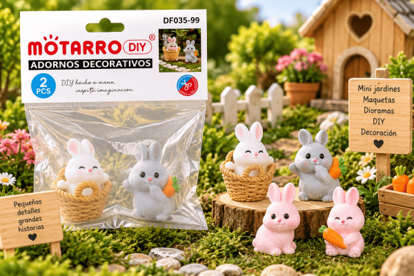 Set de 2 figuritas decorativas de conejitos en diseños surtidos, presentado junto a su empaque para mini jardines, maquetas y dioramas