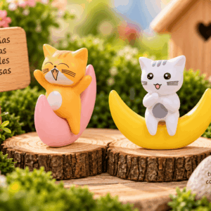 Set de 2 figuritas decorativas de gatitos sobre luna, ideales para mini jardines, maquetas y pequeños escenarios creativos