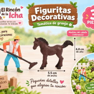 Set de 3 figuritas decorativas con temática de granja, personaje campesino y caballo, ideal para mini decoraciones