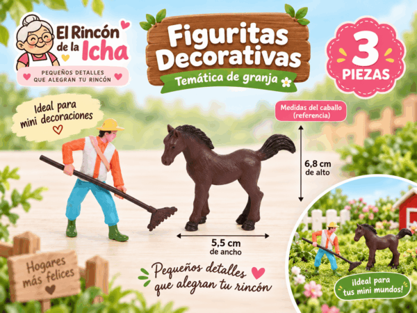 Figuritas Decorativas de Granja con Caballo – 3 Piezas Set de 3 figuritas decorativas con temática de granja, personaje campesino y caballo, ideal para mini decoraciones