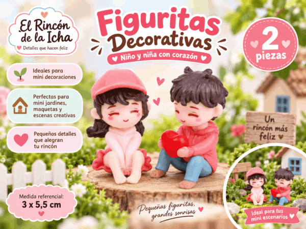Figuritas Decorativas Niño y Niña con Corazón – 2 Piezas Set de 2 figuritas decorativas de niño y niña con corazón, ideales para mini jardines, maquetas y escenarios creativos