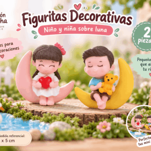 Set de 2 figuritas decorativas de niño y niña sobre luna, ideales para mini jardines, maquetas y pequeños escenarios creativos