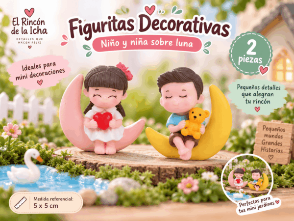 Figuritas Decorativas Niño y Niña sobre Luna – 2 Piezas Set de 2 figuritas decorativas de niño y niña sobre luna, ideales para mini jardines, maquetas y pequeños escenarios creativos