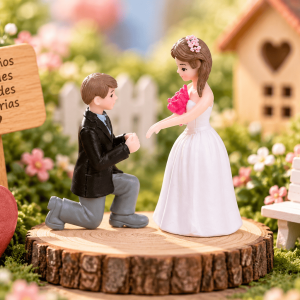 Figuritas Decorativas Pareja de Novios – 2 Piezas Set de 2 figuritas decorativas de pareja de novios con figura masculina arrodillada y novia con vestido blanco y ramo