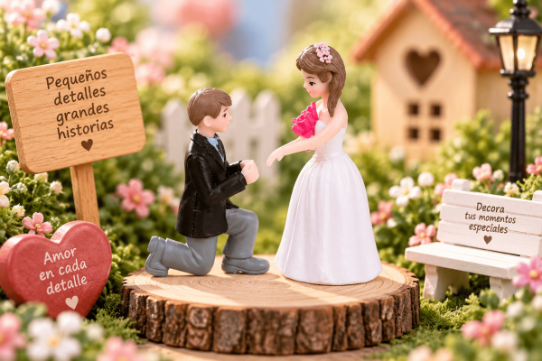 Figuritas Decorativas Pareja de Novios – 2 Piezas Set de 2 figuritas decorativas de pareja de novios con figura masculina arrodillada y novia con vestido blanco y ramo