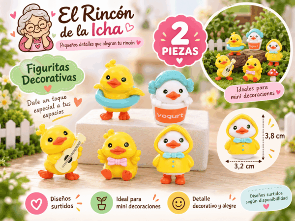 Figuritas Decorativas de Patitos – 2 Piezas – Diseños Surtidos Set de 2 figuritas decorativas de patitos en diseños surtidos, de aproximadamente 3,2 x 3,8 cm