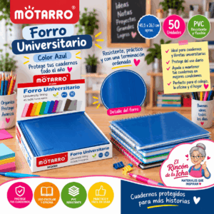 Forro Universitario Motarro PVC Azul 50 Unidades 45,5 x 26,1 cm Forro universitario Motarro de PVC color azul, 50 unidades de 45,5 x 26,1 cm para proteger cuadernos y libretas