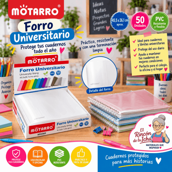 Forro Universitario Motarro PVC Blanco 50 Unidades 45,5 x 26,1 cm Forro universitario Motarro de PVC blanco, 50 unidades de 45,5 x 26,1 cm para proteger cuadernos y libretas