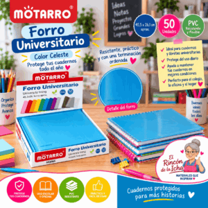 Forro Universitario Motarro PVC Celeste 50 Unidades 45,5 x 26,1 cm Forro universitario Motarro de PVC color celeste, 50 unidades de 45,5 x 26,1 cm para proteger cuadernos y libretas
