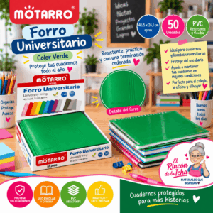 Forro Universitario Motarro PVC Verde 50 Unidades 45,5 x 26,1 cm Forro universitario Motarro de PVC color verde, 50 unidades de 45,5 x 26,1 cm para proteger cuadernos y libretas