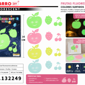 Frutas Fluorescentes Adhesivas con Manzana, Frutilla y Cerezas – Colores Surtidos Set de frutas fluorescentes adhesivas con manzana, frutilla y cerezas en colores surtidos para decorar paredes, dormitorios y espacios creativos.