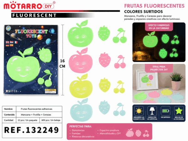 Frutas Fluorescentes Adhesivas con Manzana, Frutilla y Cerezas – Colores Surtidos Set de frutas fluorescentes adhesivas con manzana, frutilla y cerezas en colores surtidos para decorar paredes, dormitorios y espacios creativos.