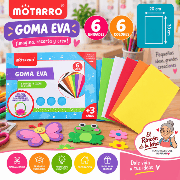 Goma Eva Motarro 6 Unidades 6 Colores 20 x 30 cm Goma Eva Motarro de 6 unidades en 6 colores surtidos, tamaño 20 x 30 cm
