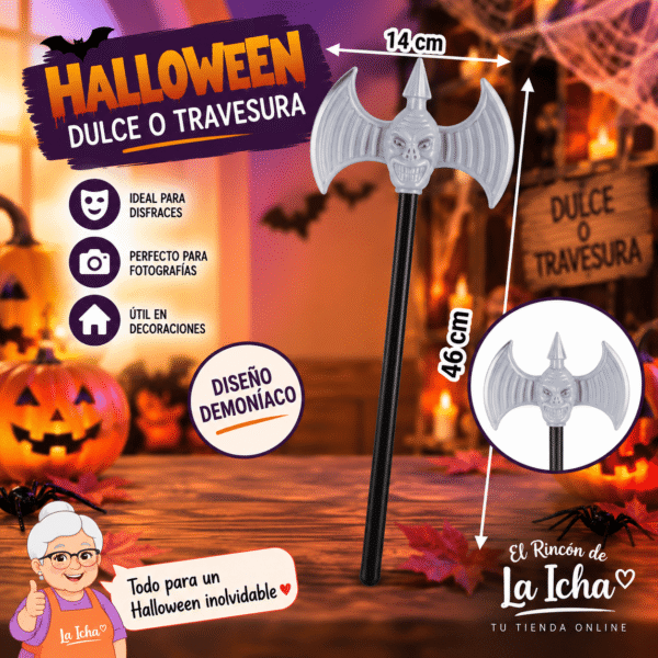 Hacha Doble Demonio Halloween Decorativa 46 x 14 cm Hacha doble demonio Halloween decorativa de 46 x 14 cm para disfraces y decoración temática