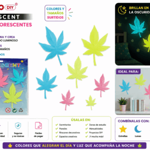 Hojas Fluorescentes Adhesivas – Colores y Tamaños Surtidos Hojas fluorescentes adhesivas en colores y tamaños surtidos para decorar paredes, dormitorios, zonas de estudio y espacios creativos.