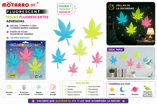 Hojas Fluorescentes Adhesivas – Colores y Tamaños Surtidos Hojas fluorescentes adhesivas en colores y tamaños surtidos para decorar paredes, dormitorios, zonas de estudio y espacios creativos.
