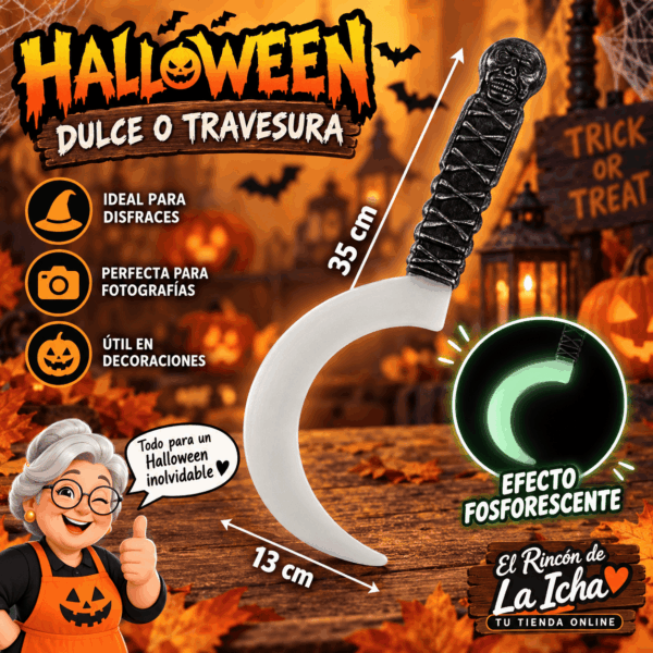 Hoz Halloween Fosforescente Decorativa 35 x 13 cm Hoz Halloween fosforescente decorativa de 35 x 13 cm para disfraces y decoración de terror