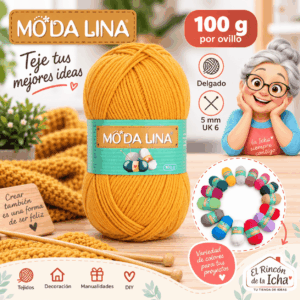 Lana Amarillo Mostaza Moda Lina 100 g Delgado Lana Moda Lina amarillo mostaza de 100 g y grosor delgado para tejidos y manualidades