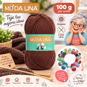 Lana Café Chocolate Moda Lina 100 g Delgado Lana Moda Lina café chocolate de 100 g y grosor delgado para tejidos y manualidades