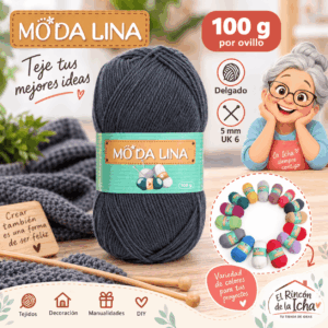 Lana Gris Grafito Moda Lina 100 g Delgado Lana Moda Lina gris grafito de 100 g, grosor delgado, para tejidos y manualidades