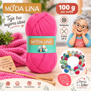 Lana Rosado Intenso Moda Lina 100 g Delgado Lana Moda Lina rosado intenso de 100 g y grosor delgado para tejidos y manualidades