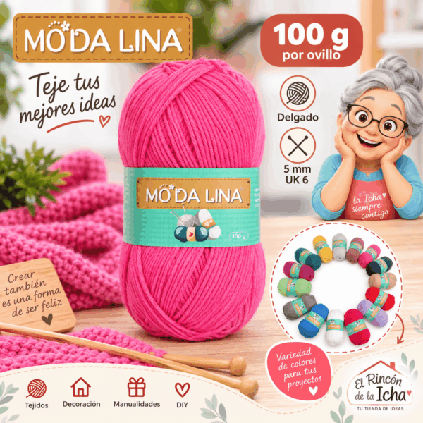 Lana Rosado Intenso Moda Lina 100 g Delgado Lana Moda Lina rosado intenso de 100 g y grosor delgado para tejidos y manualidades