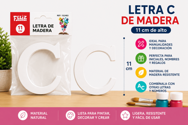 Letra C de madera de 11 cm para manualidades, decoración, nombres e iniciales personalizadas
