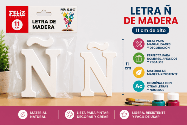 Letra Ñ de Madera 11 cm para Manualidades y Decoración Letra Ñ de madera de 11 cm para manualidades, decoración, nombres, apellidos y palabras personalizadas