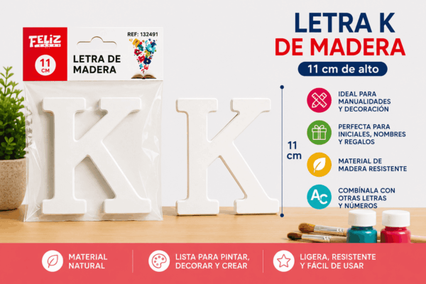 Letra K de Madera 11 cm para Manualidades y Decoración Letra K de madera de 11 cm para manualidades, decoración, nombres e iniciales personalizadas