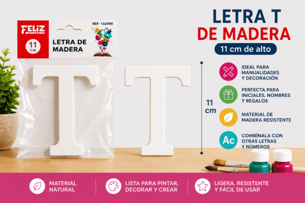 Letra T de Madera 11 cm para Manualidades y Decoración Letra T de madera de 11 cm para manualidades, decoración, nombres e iniciales personalizadas