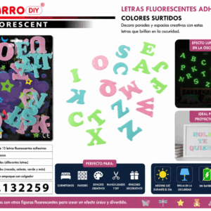 Set de 15 Letras Fluorescentes Adhesivas – Colores Surtidos Set de 15 letras fluorescentes adhesivas en distintos diseños y colores surtidos para decorar paredes, dormitorios y espacios creativos.