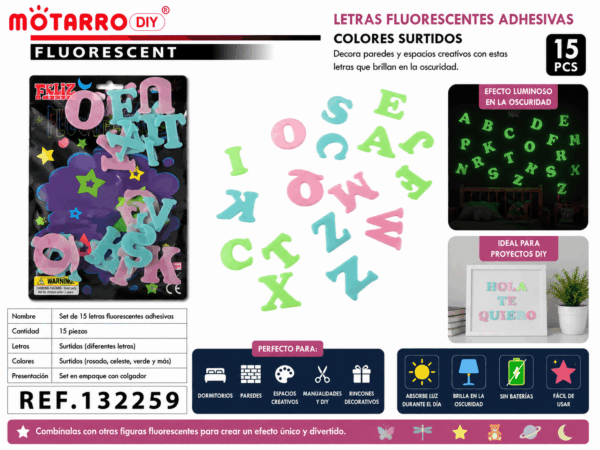 Set de 15 Letras Fluorescentes Adhesivas – Colores Surtidos Set de 15 letras fluorescentes adhesivas en distintos diseños y colores surtidos para decorar paredes, dormitorios y espacios creativos.