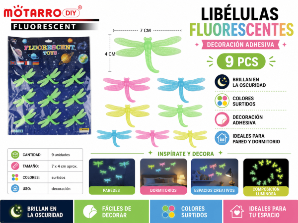 Set de 9 Libélulas Fluorescentes Adhesivas 7 x 4 cm – Colores Surtidos Set de 9 libélulas fluorescentes adhesivas de 7 x 4 cm en colores surtidos para decorar paredes, dormitorios y espacios creativos.