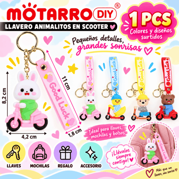 Llavero Animalitos en Scooter con Correa Good Luck Motarro DIY Llavero animalitos en scooter con correa Good Luck Motarro DIY en colores y diseños surtidos para llaves y mochilas