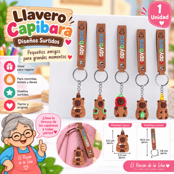 Llavero Capibara con Correa Diseños Surtidos | El Rincón de la Icha Llavero capibara con correa decorativa, argolla metálica y diseños surtidos