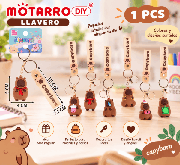 Llavero Capibara Kawaii con Correa Capybara Motarro DIY Llavero capibara kawaii con correa Capybara Motarro DIY en colores y diseños surtidos para llaves y mochilas