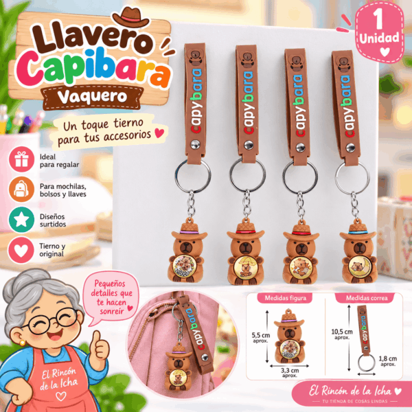 Llavero Capibara Vaquero con Correa | El Rincón de la Icha Llavero capibara vaquero con correa decorativa, argolla metálica y diseño surtido