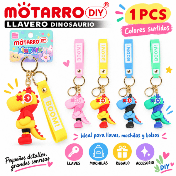 Llavero Dinosaurio con Correa BOOM Colores Surtidos Motarro DIY Llavero dinosaurio con correa BOOM Motarro DIY en colores surtidos para llaves, mochilas y bolsos