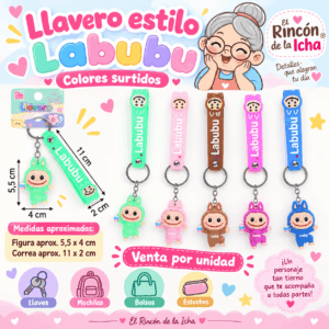 Llavero Estilo Labubu Colores Surtidos | El Rincón de la Icha Llavero estilo Labubu con correa decorativa y figura de 5,5 x 4 cm en colores surtidos.