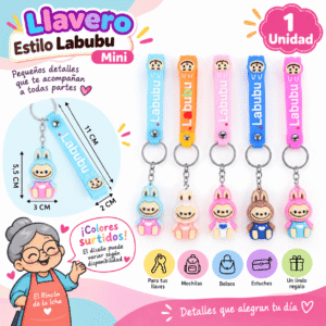Llavero Estilo Labubu Mini Colores Surtidos | El Rincón de la Icha Llavero estilo Labubu mini con correa decorativa y figura de orejas largas en colores surtidos.