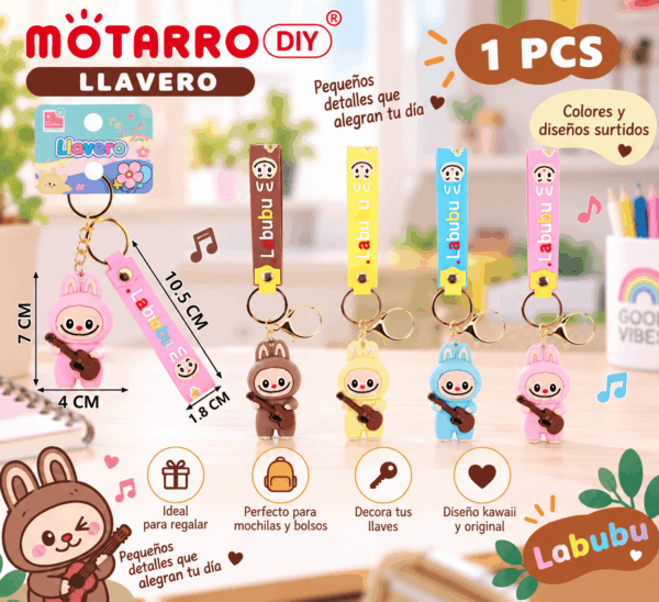 Llavero Labubu Kawaii con Guitarra y Correa Motarro DIY Llavero Labubu kawaii con guitarra y correa Motarro DIY en colores surtidos para llaves y mochilas